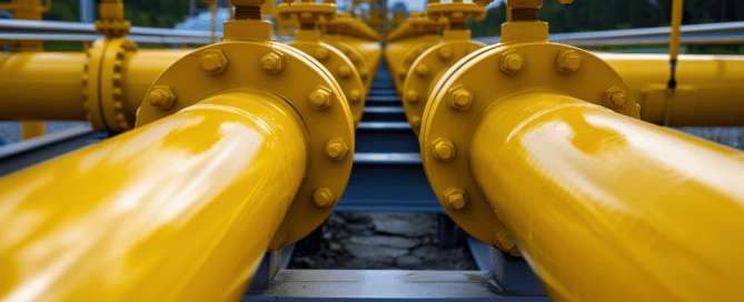 Red Direct steel compressor enclosures designed for midstream gas facilities with advanced noise control, vibration isolation, and equipment protection