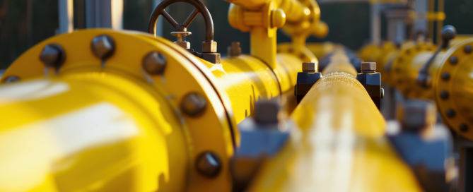 Steel pipeline metering and control building beside natural gas piping and precision measurement equipment.