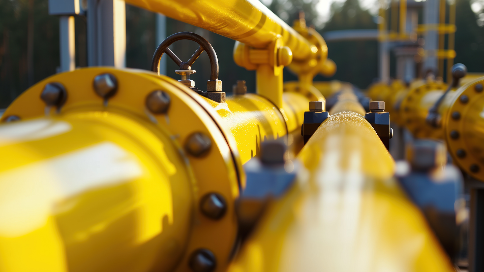 Steel pipeline metering and control building beside natural gas piping and precision measurement equipment.